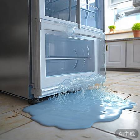 冰箱底积水盘损坏,冷凝水流地。
