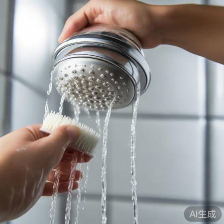 “细刷清洁喷头，牙签挑除污垢”