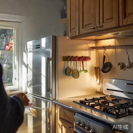 冰箱灶台靠近，方便烹饪与工具存