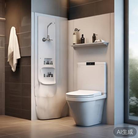 浴室角落装智能马桶，淋浴旁置物