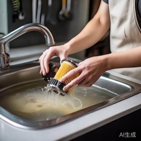 油网清洗步骤:热水浸泡,洗洁精