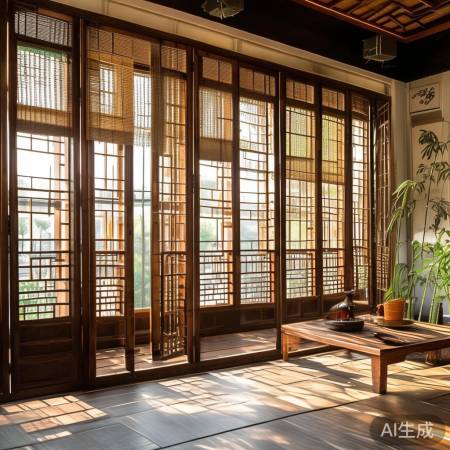 传统窗扇，竹帘布帘遮阳微风